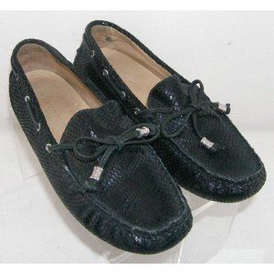 Ivanka Trump Anais black leather snake print bow slip on moc loafers 6.5M